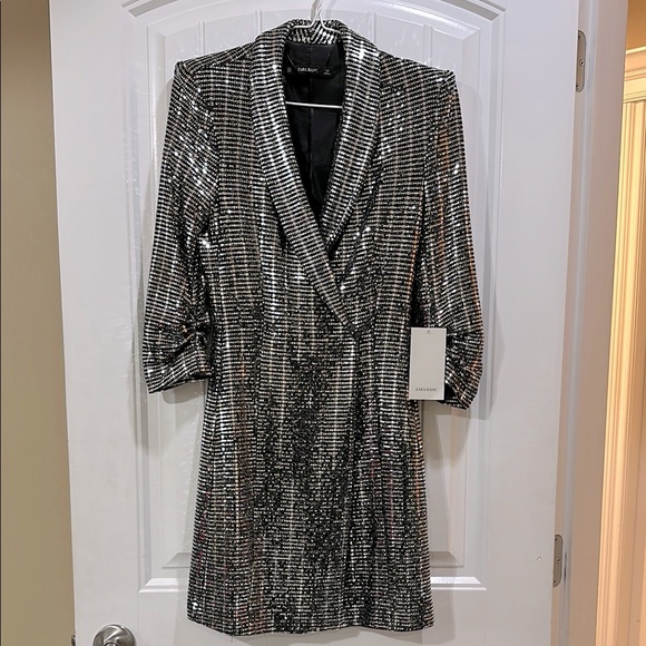 Zara Dresses & Skirts - Zara metallic silver mirror sequin wrap blazer dress